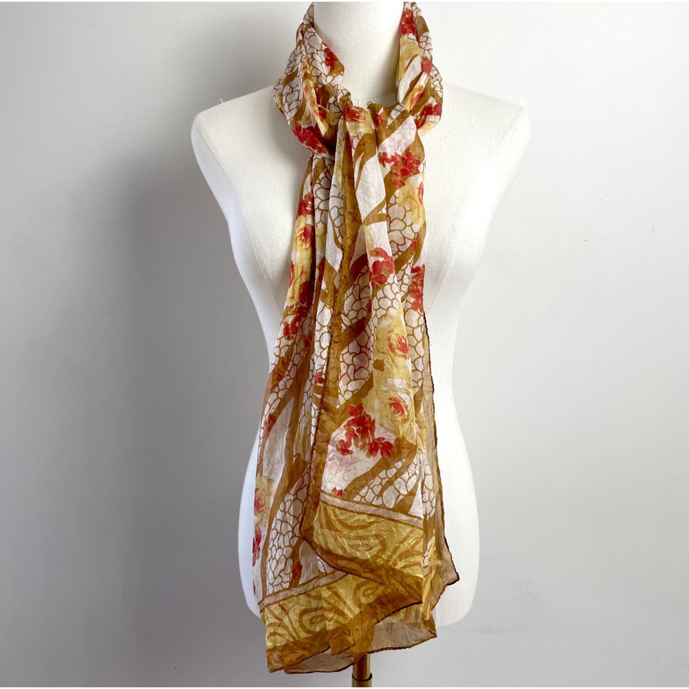 Vintage Silk Rectangle Scarfโ Brown Yellow Abstract Floral Hand Rolled